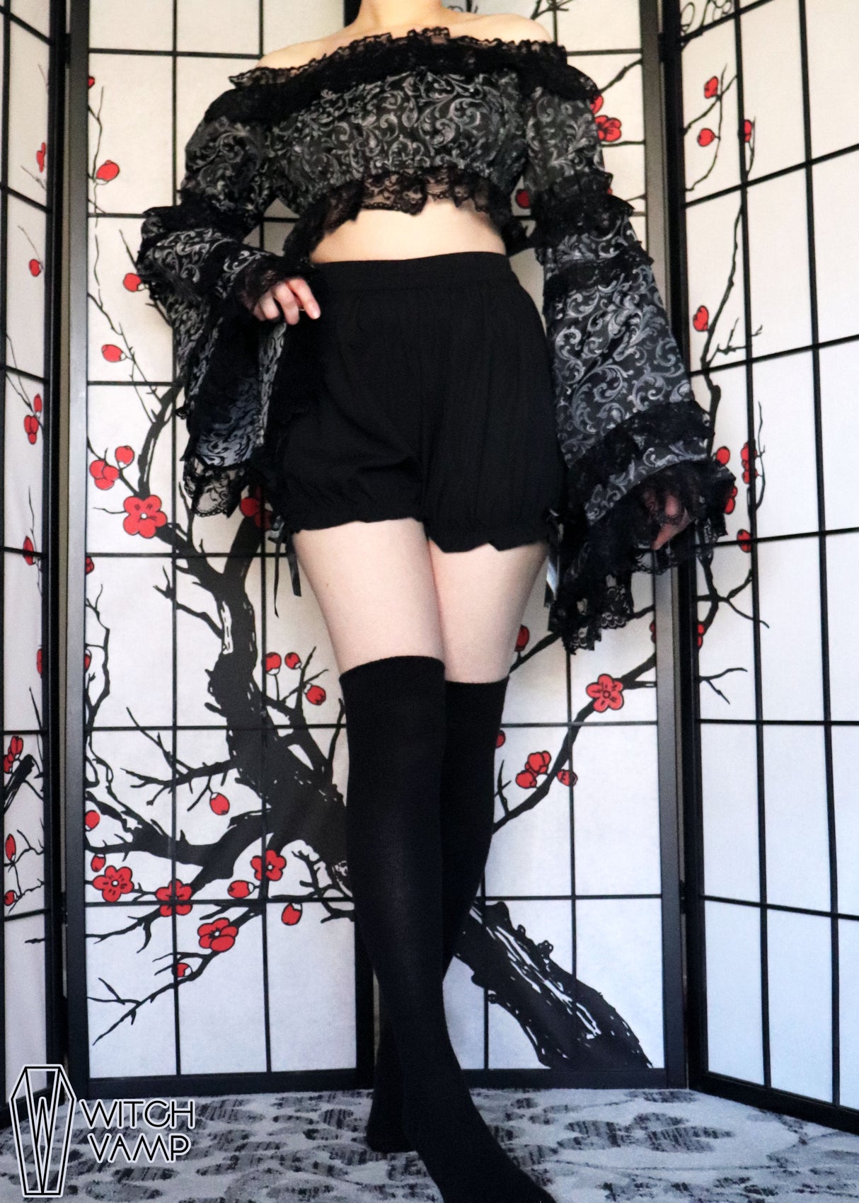 Silver & Black Brocade Flare Sleeve Peasant Top