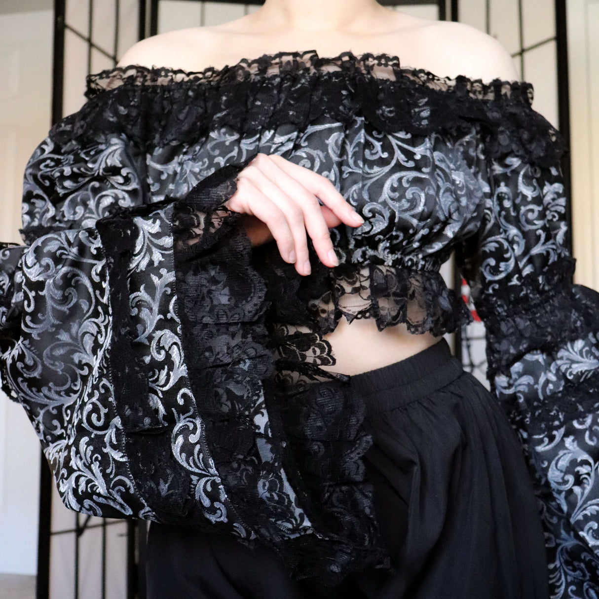 Silver & Black Brocade Flare Sleeve Peasant Top