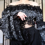 Silver & Black Brocade Flare Sleeve Peasant Top