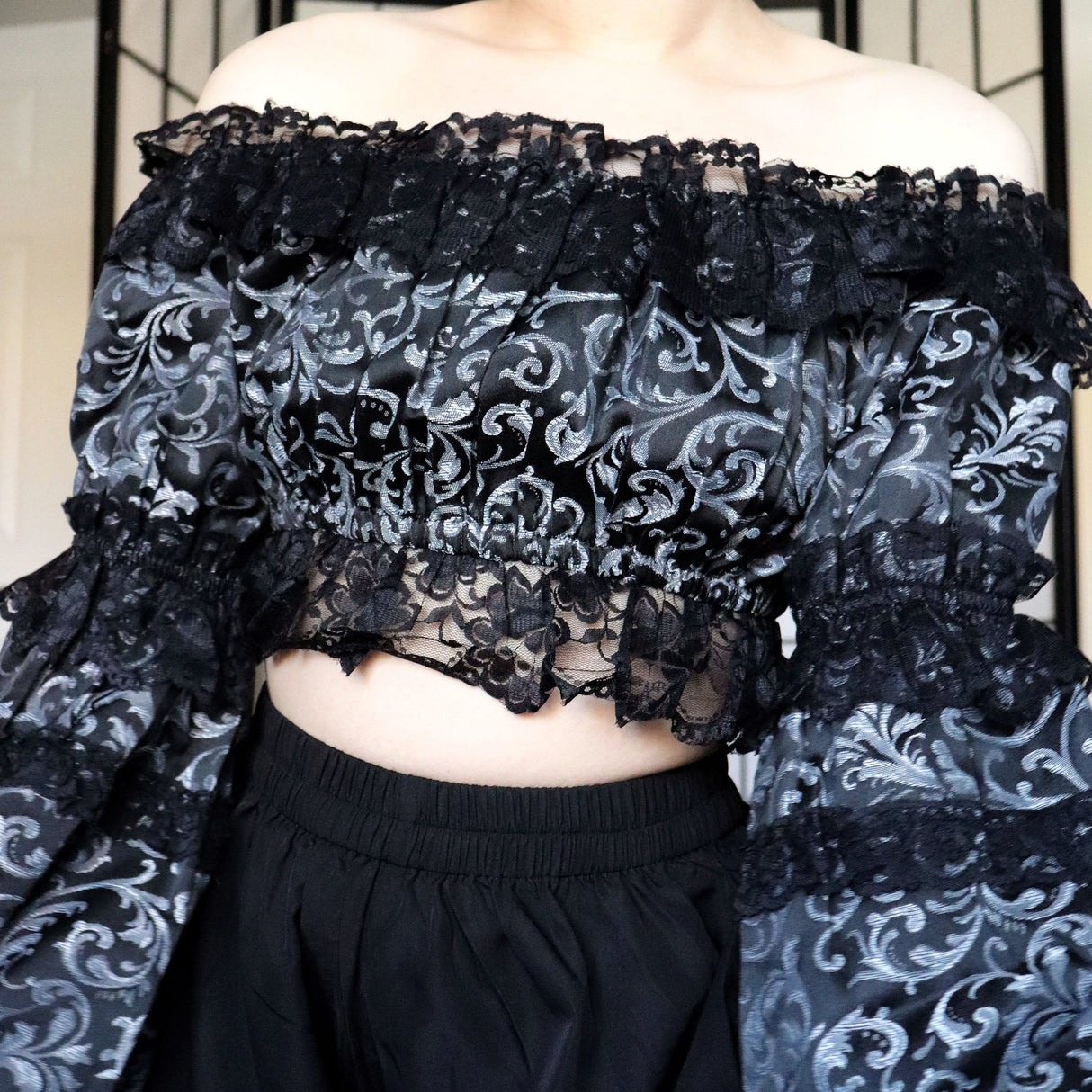 Silver & Black Brocade Flare Sleeve Peasant Top