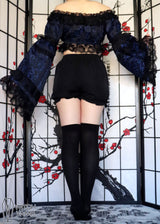 Blue & Black Brocade Flare Sleeve Peasant Top