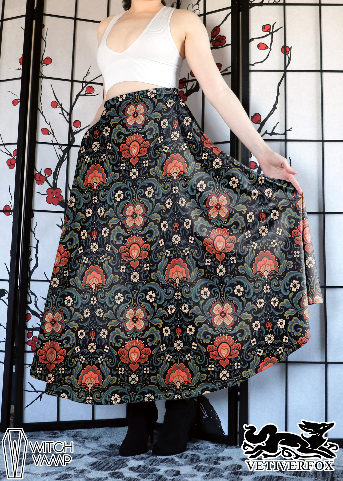 Rosemaling Maxi Skirt with Pockets