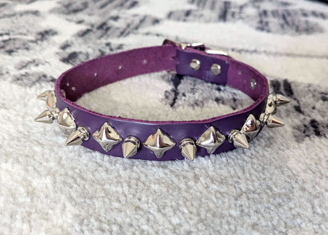 Purple Leather Collar with Chrome Spikes and Pyramid Studs