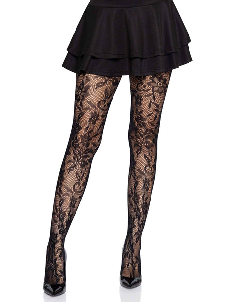 Black Chantilly Floral Lace Tights (One Size)