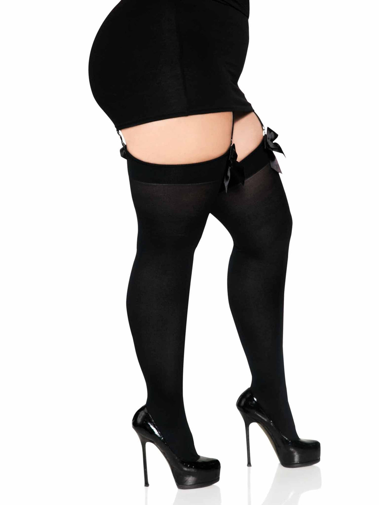 [Leg Avenue] Black "Kay" Opaque Thigh Highs with Satin Bow (One Size Plus)