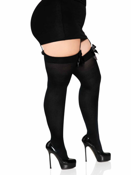 [Leg Avenue] Black "Kay" Opaque Thigh Highs with Satin Bow (One Size Plus)