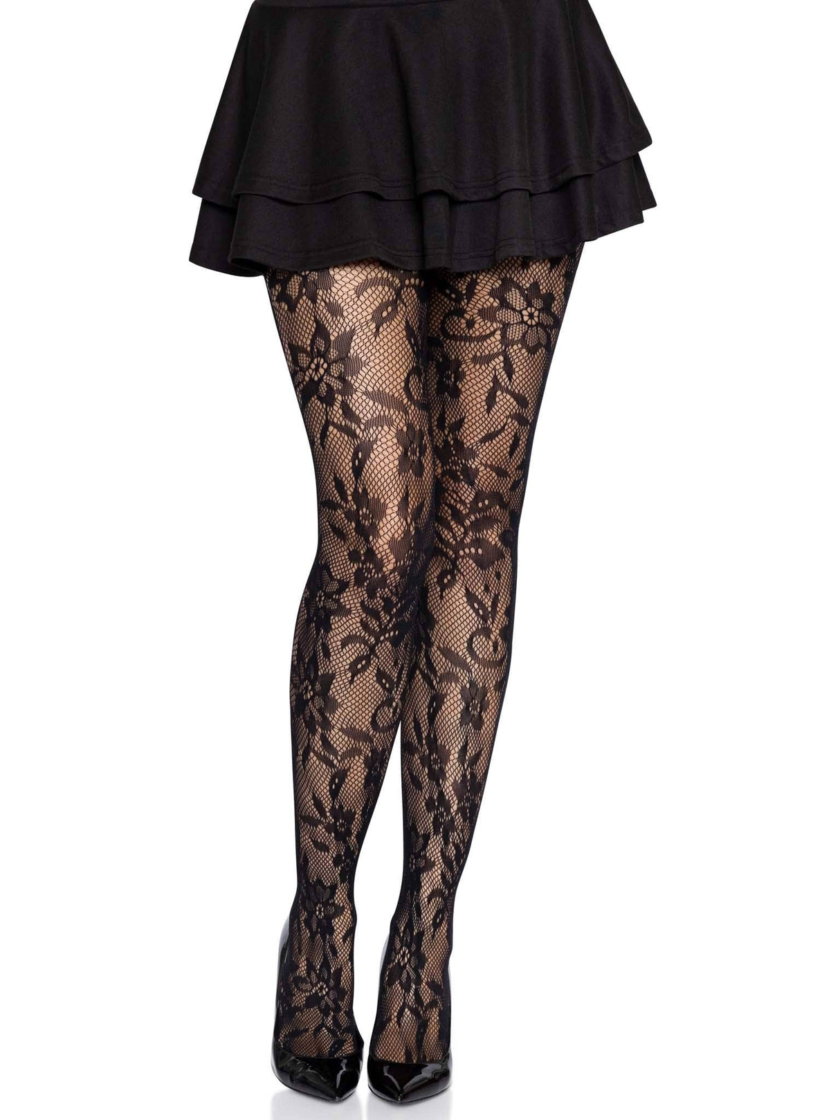 Black Chantilly Floral Lace Tights (One Size)