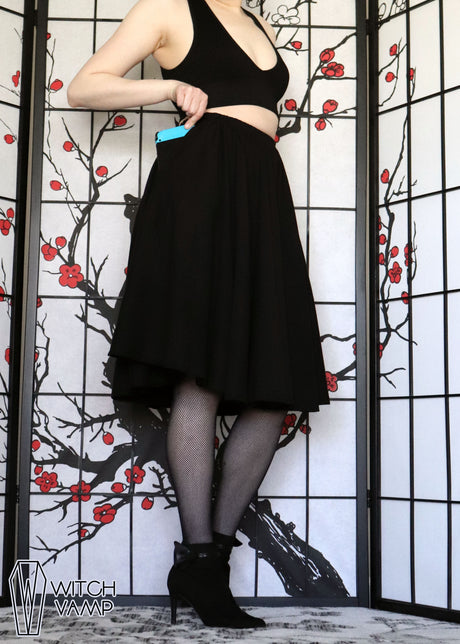Cotton Black Midi Skirt With Pockets