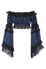 Blue & Black Brocade Flare Sleeve Peasant Top
