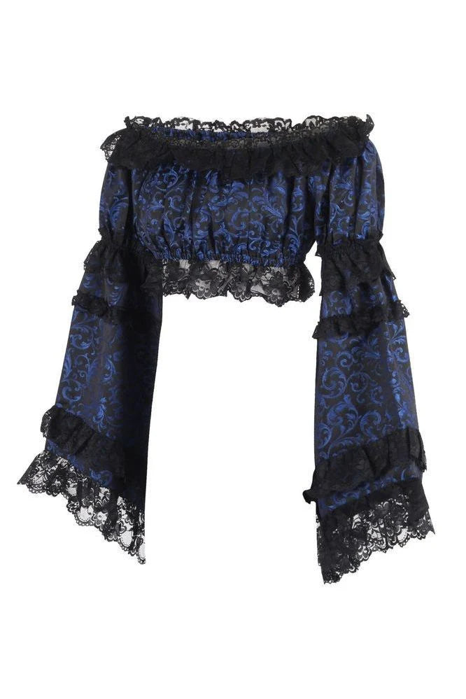 Blue & Black Brocade Flare Sleeve Peasant Top