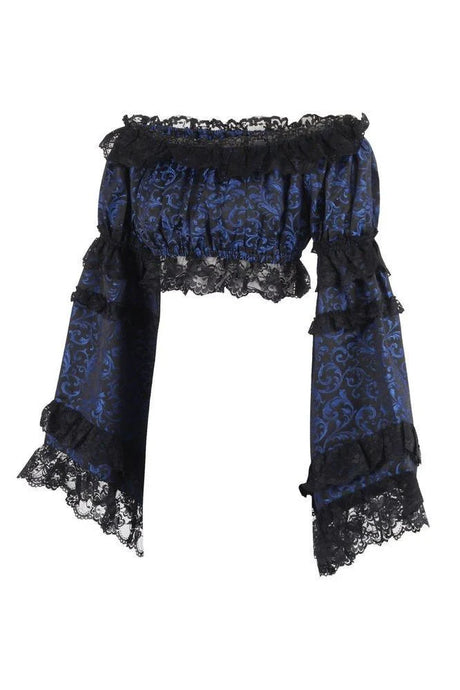 Blue & Black Brocade Flare Sleeve Peasant Top