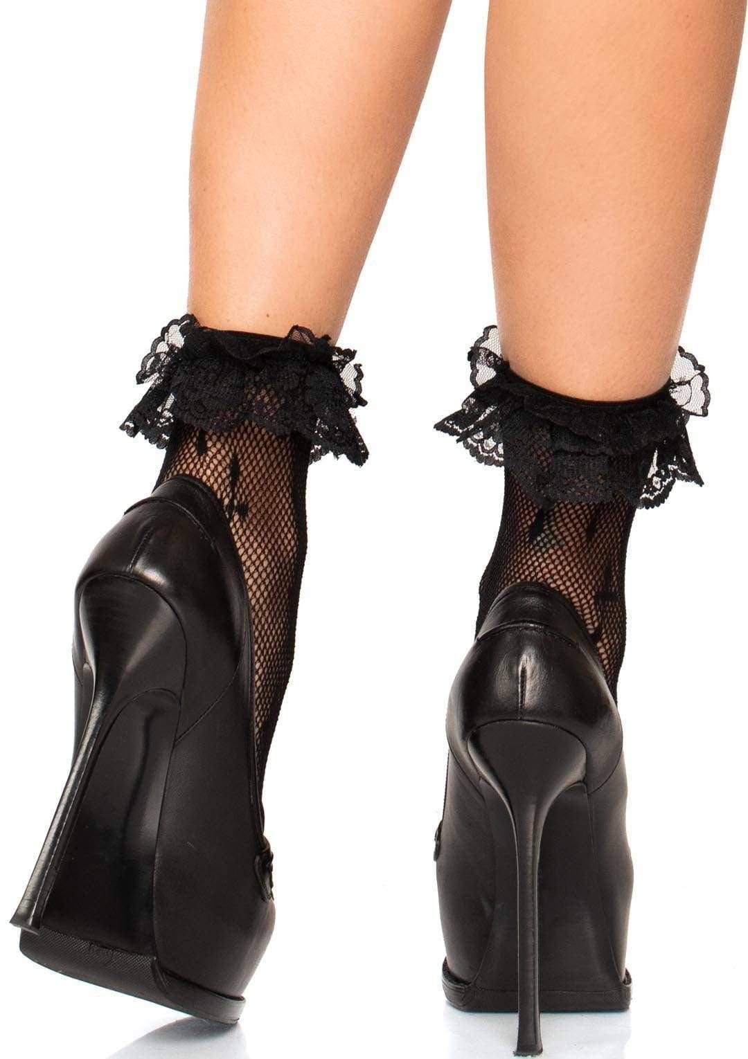 Black Cross Fishnet Ruffle Ankle Socks