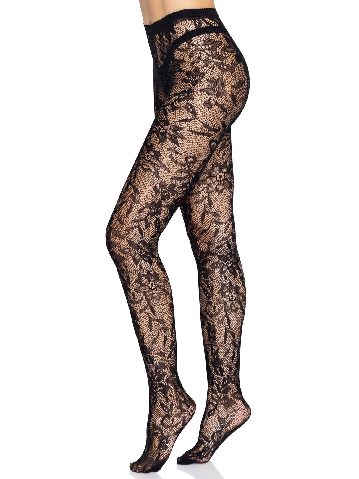 Black Chantilly Floral Lace Tights (One Size)