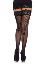 Black Lace Thigh High Stockings with Backseam Details (One Size)