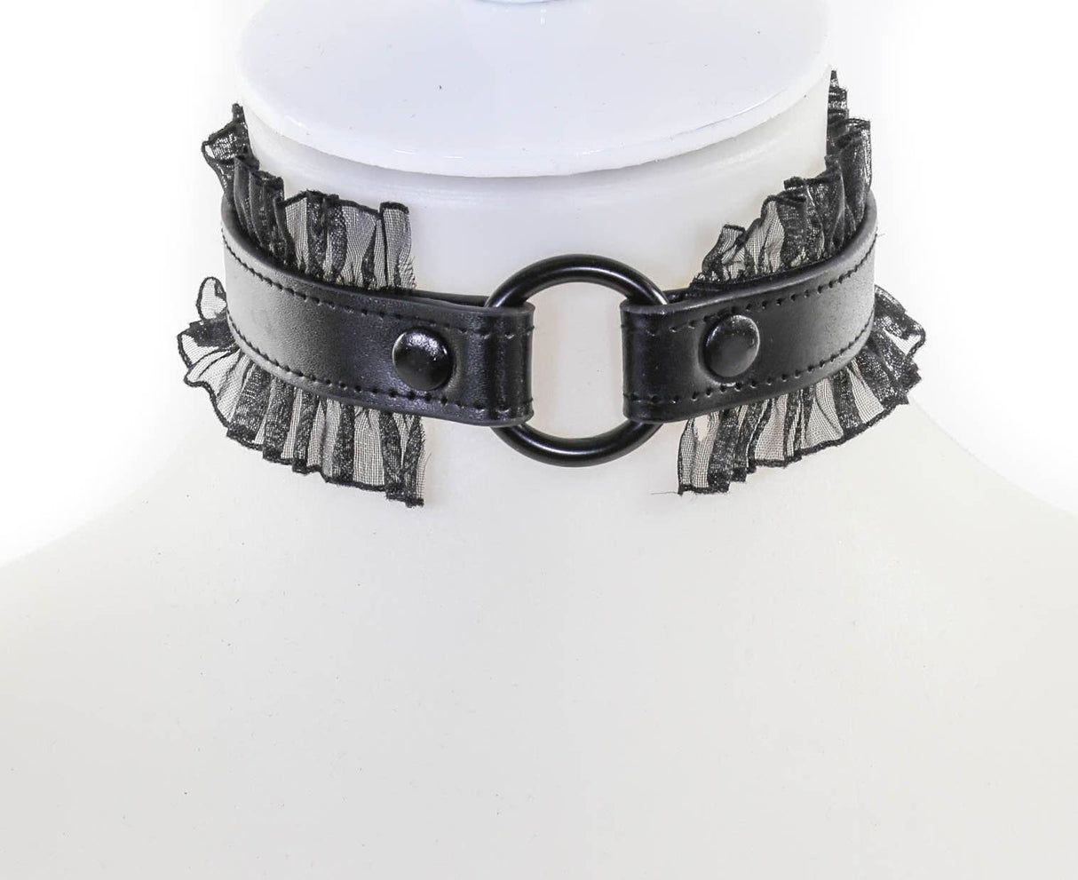 Black Leather O-Ring Lace Wrapped Collar