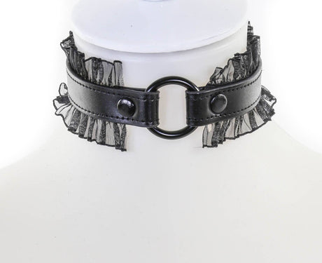 Black Leather O-Ring Lace Wrapped Collar