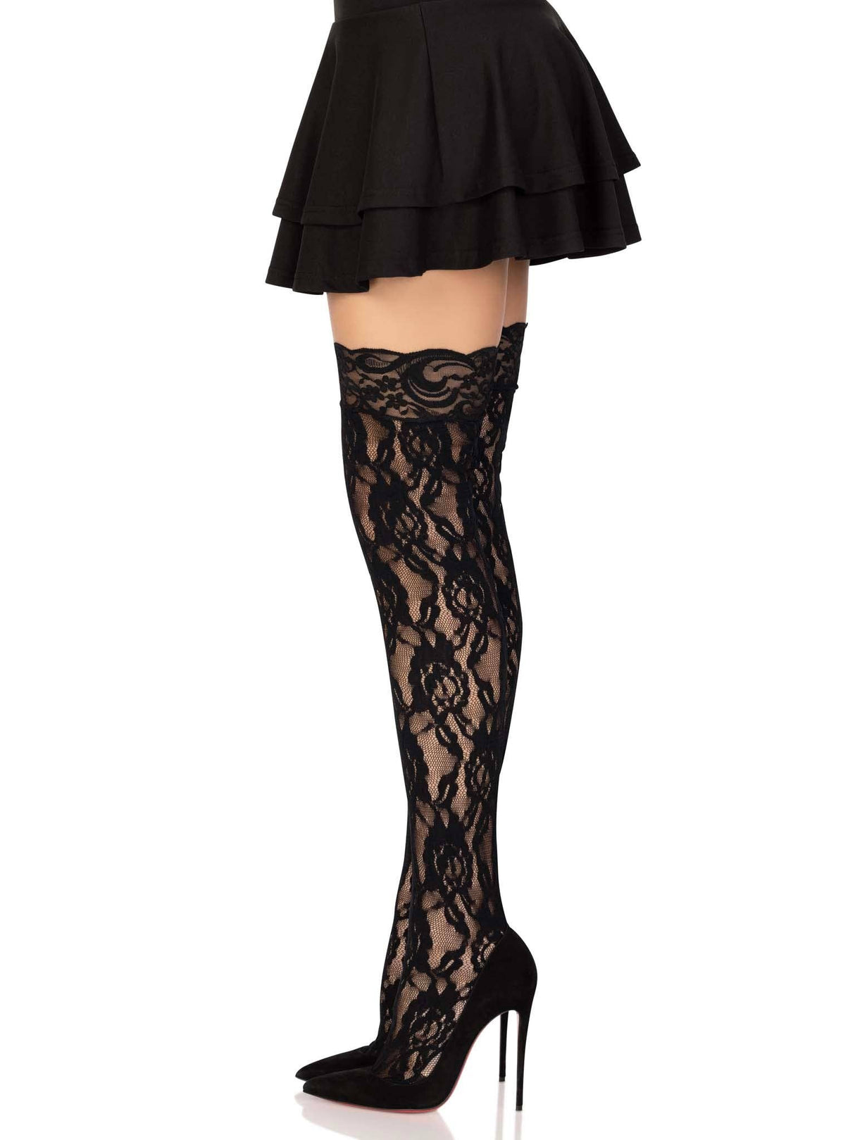 Black Rose Lace Thigh High Stockings (One Size)