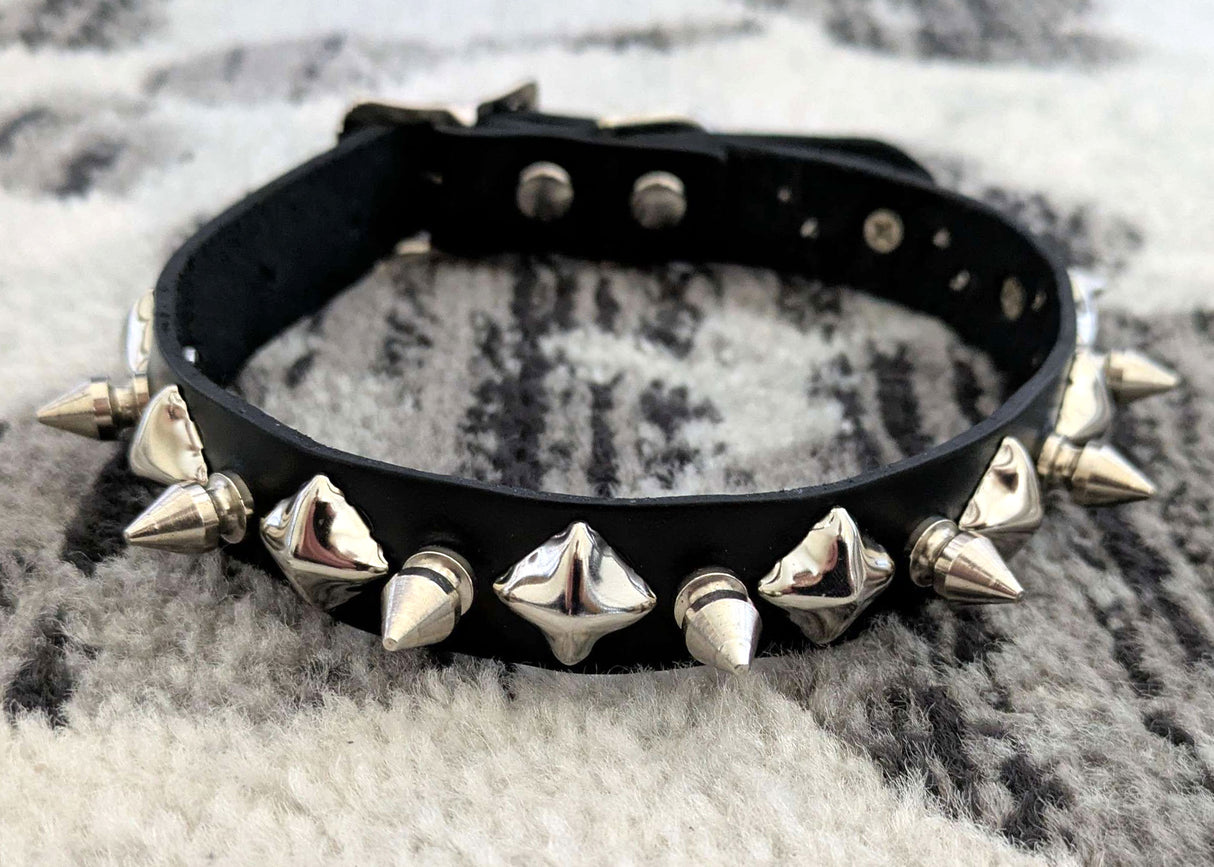 [Kookie Intl] Black Leather Collar with Chrome Spikes and Pyramid Studs