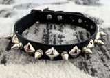 [Kookie Intl] Black Leather Collar with Chrome Spikes and Pyramid Studs