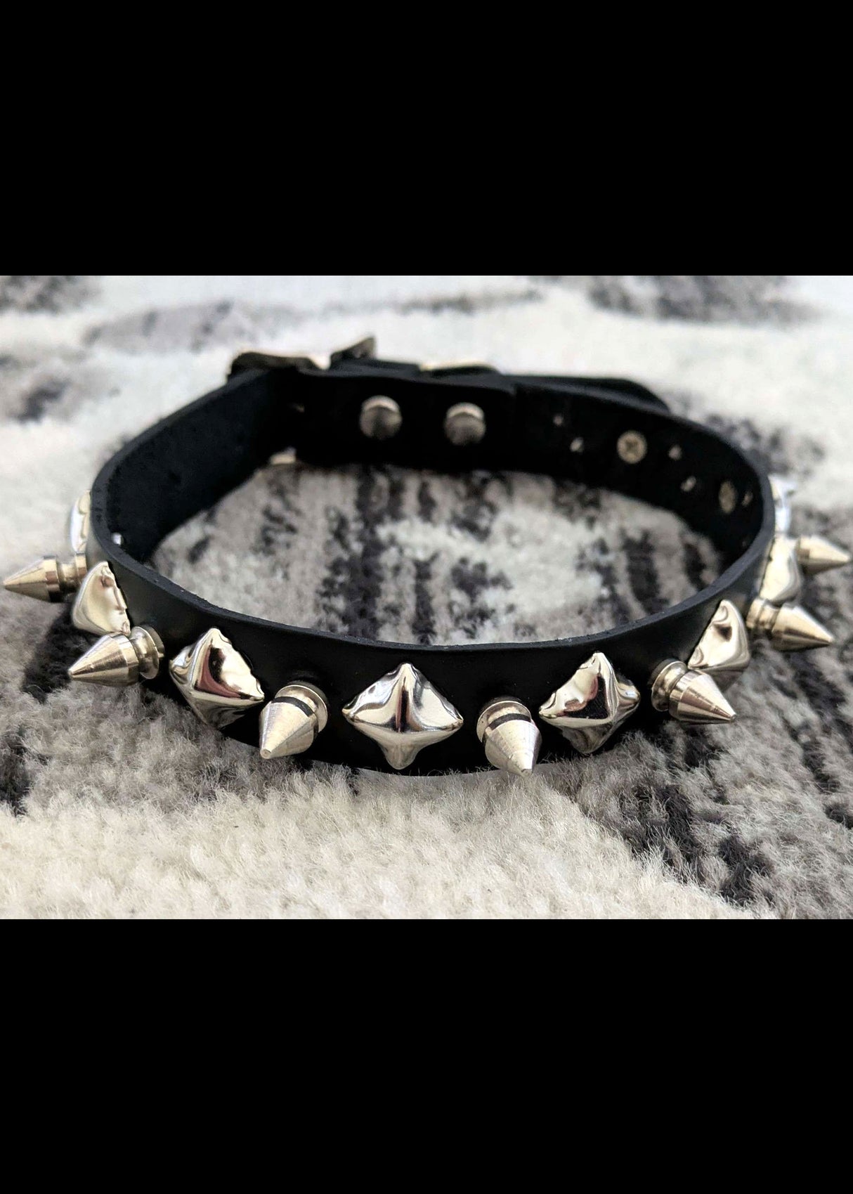 [Kookie Intl] Black Leather Collar with Chrome Spikes and Pyramid Studs
