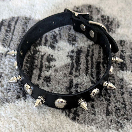 [Kookie Intl] Black Leather Collar with Chrome Spikes and Round Studs