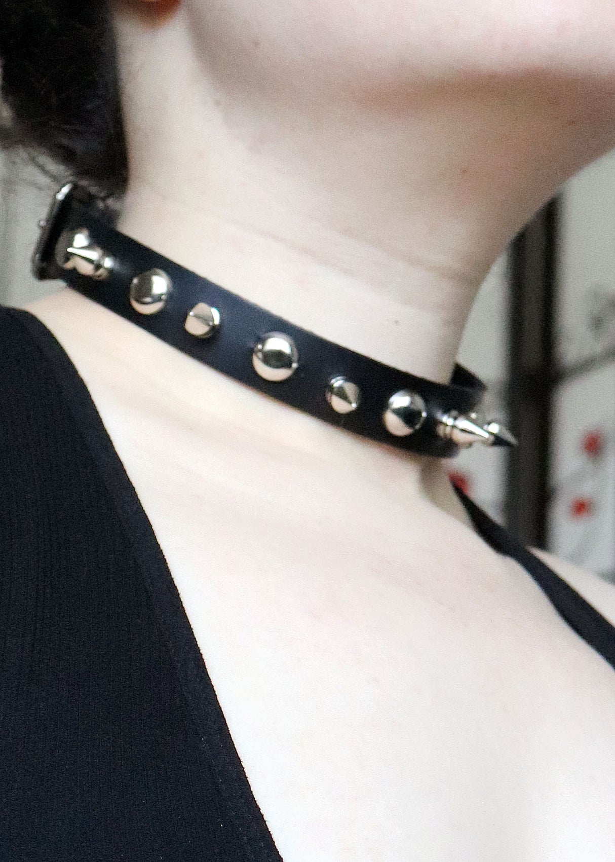 [Kookie Intl] Black Leather Collar with Chrome Spikes and Round Studs