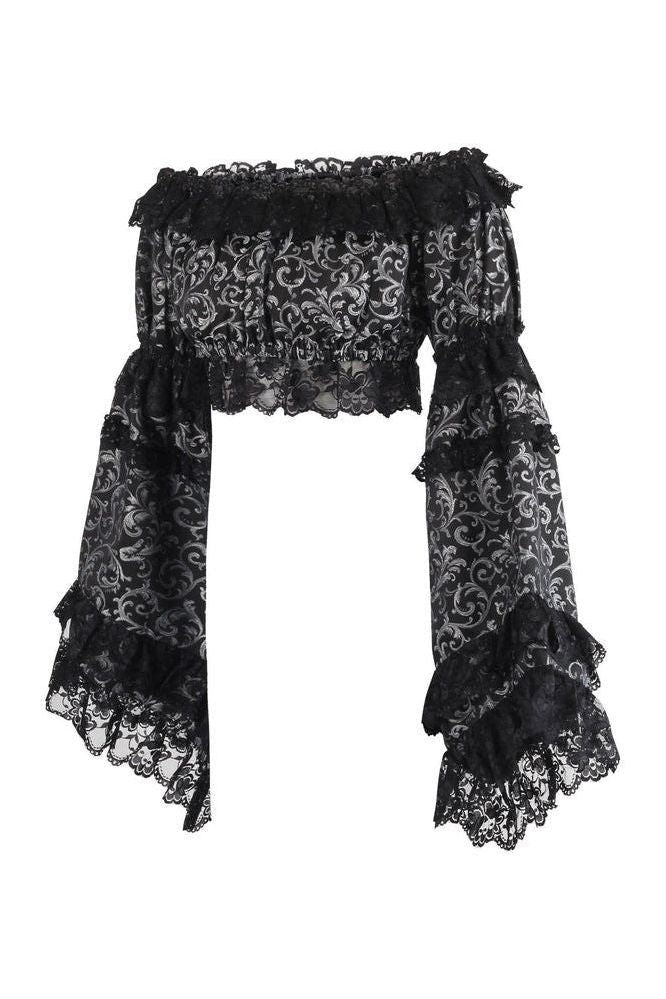 Silver & Black Brocade Flare Sleeve Peasant Top