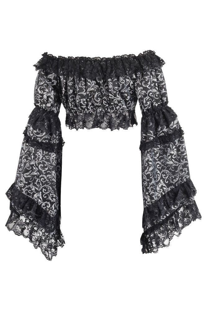 Silver & Black Brocade Flare Sleeve Peasant Top