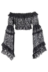 Silver & Black Brocade Flare Sleeve Peasant Top
