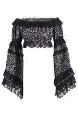 Silver & Black Brocade Flare Sleeve Peasant Top