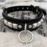 [Kookie Intl] Black Leather Collar with Chrome Studs and Ring