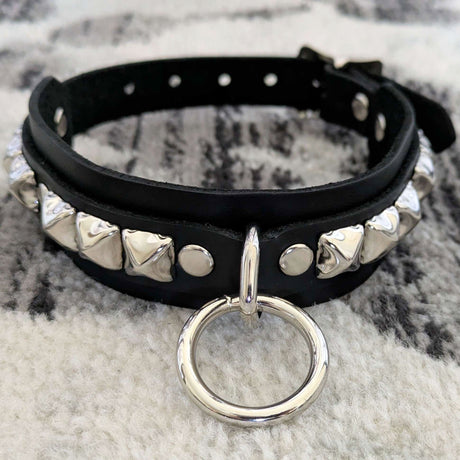[Kookie Intl] Black Leather Collar with Chrome Studs and Ring
