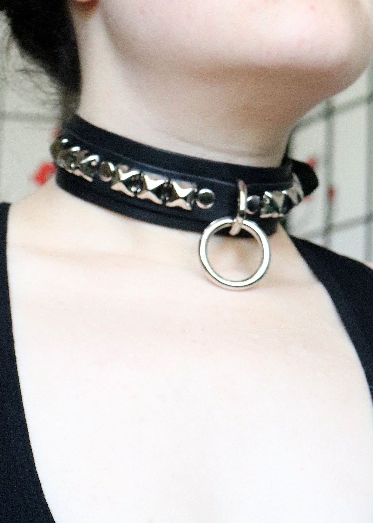 [Kookie Intl] Black Leather Collar with Chrome Studs and Ring