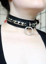 [Kookie Intl] Black Leather Collar with Chrome Studs and Ring