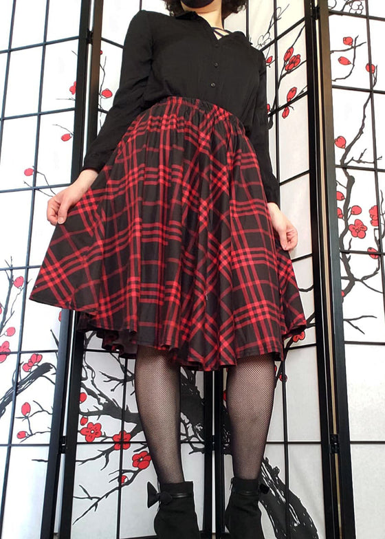 Red Plaid Midi Skirt With Pockets