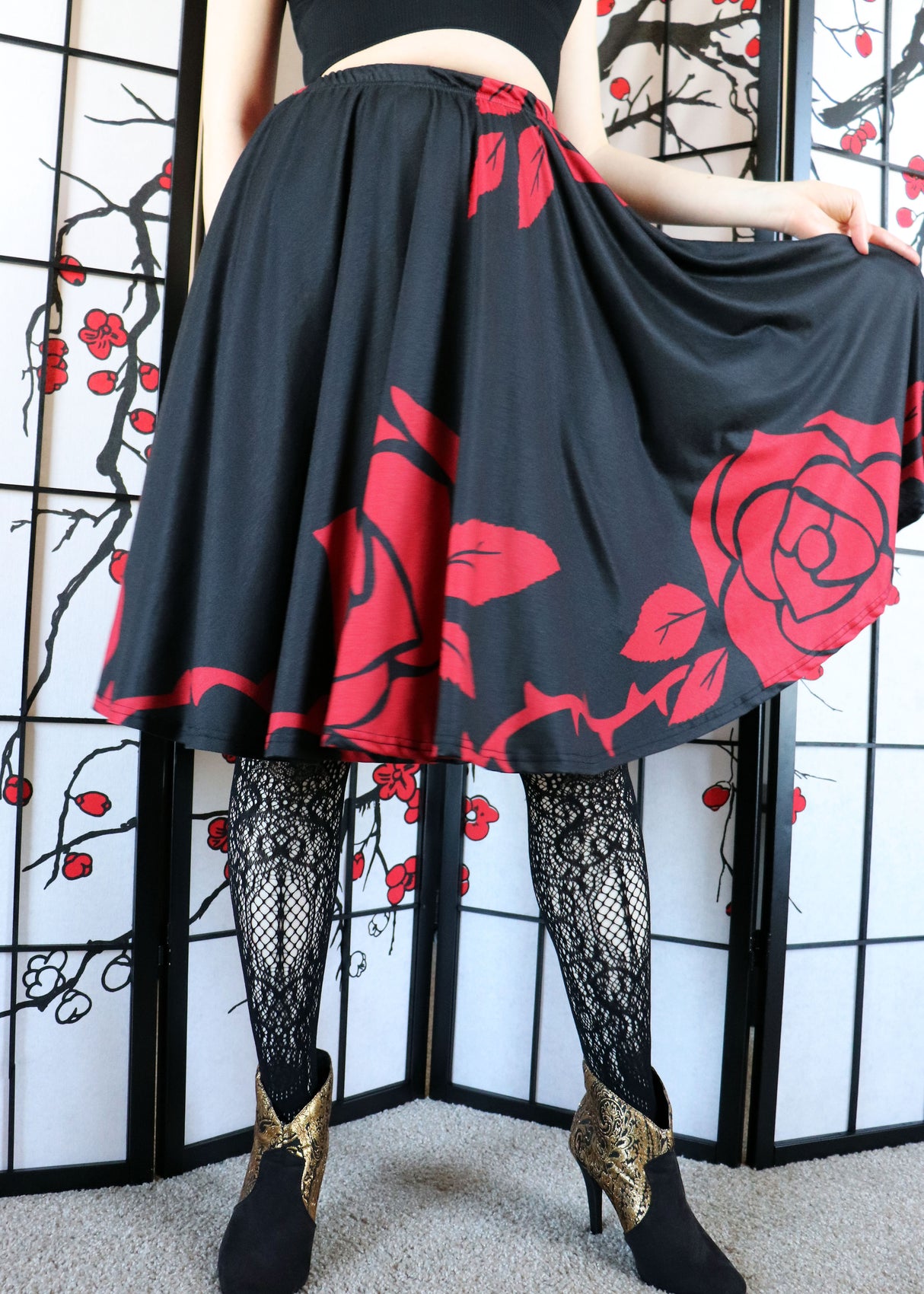 Red Rose Midi Skirt With Pockets