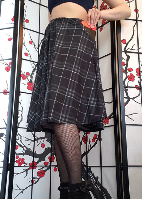 Grey Plaid Midi Skirt With Pockets