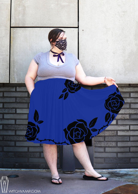 Blue Rose Midi Skirt With Pockets