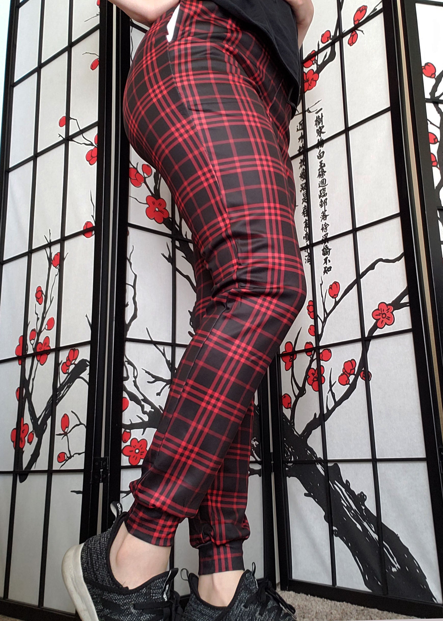 Red Plaid High Waisted Paper Bag Tie Front Pants | World of Leggings